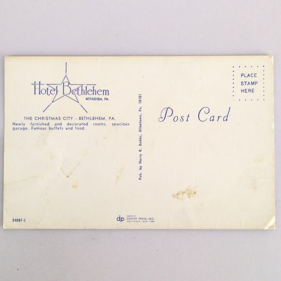 Vintage 1950s Postcard Hotel Bethlehem PA The Christmas City Photo Unposted - Picture 2 of 2